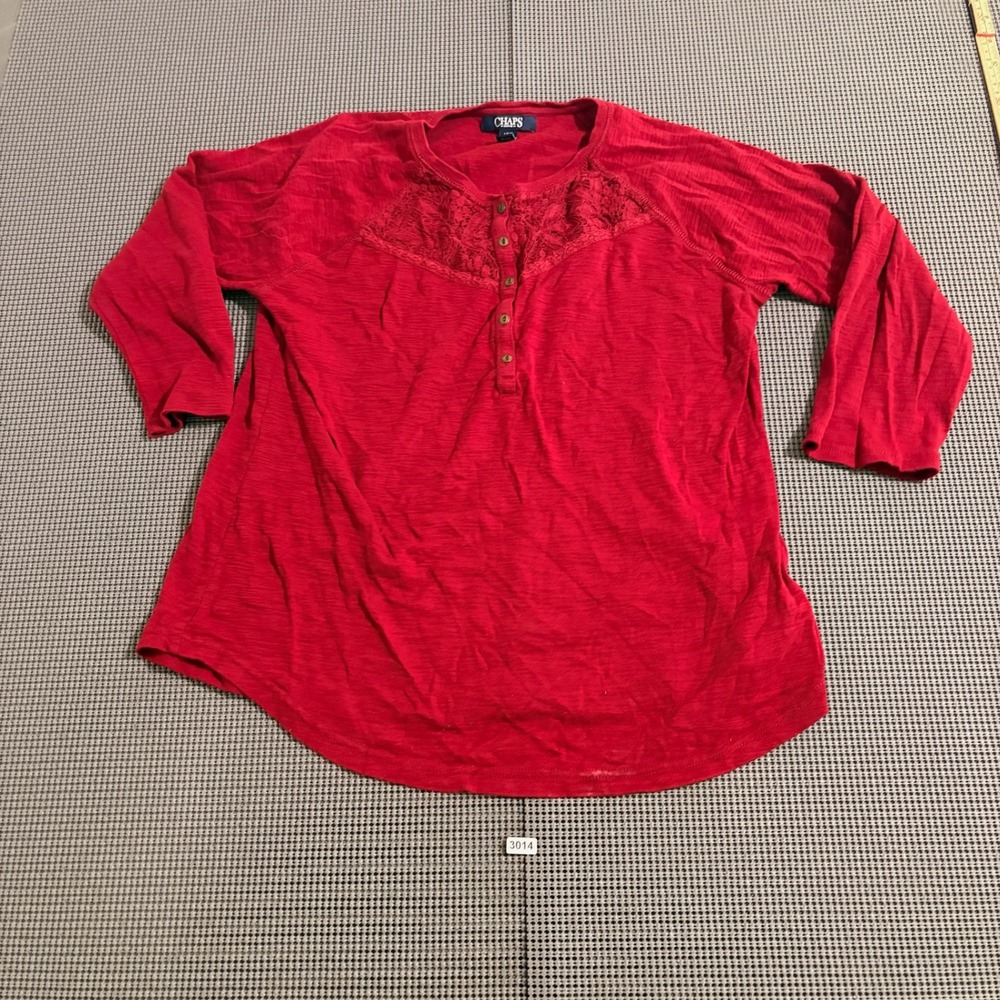 Chaps Denim Womens Red Lace Yoke Henley Long Sleeve Top Size L